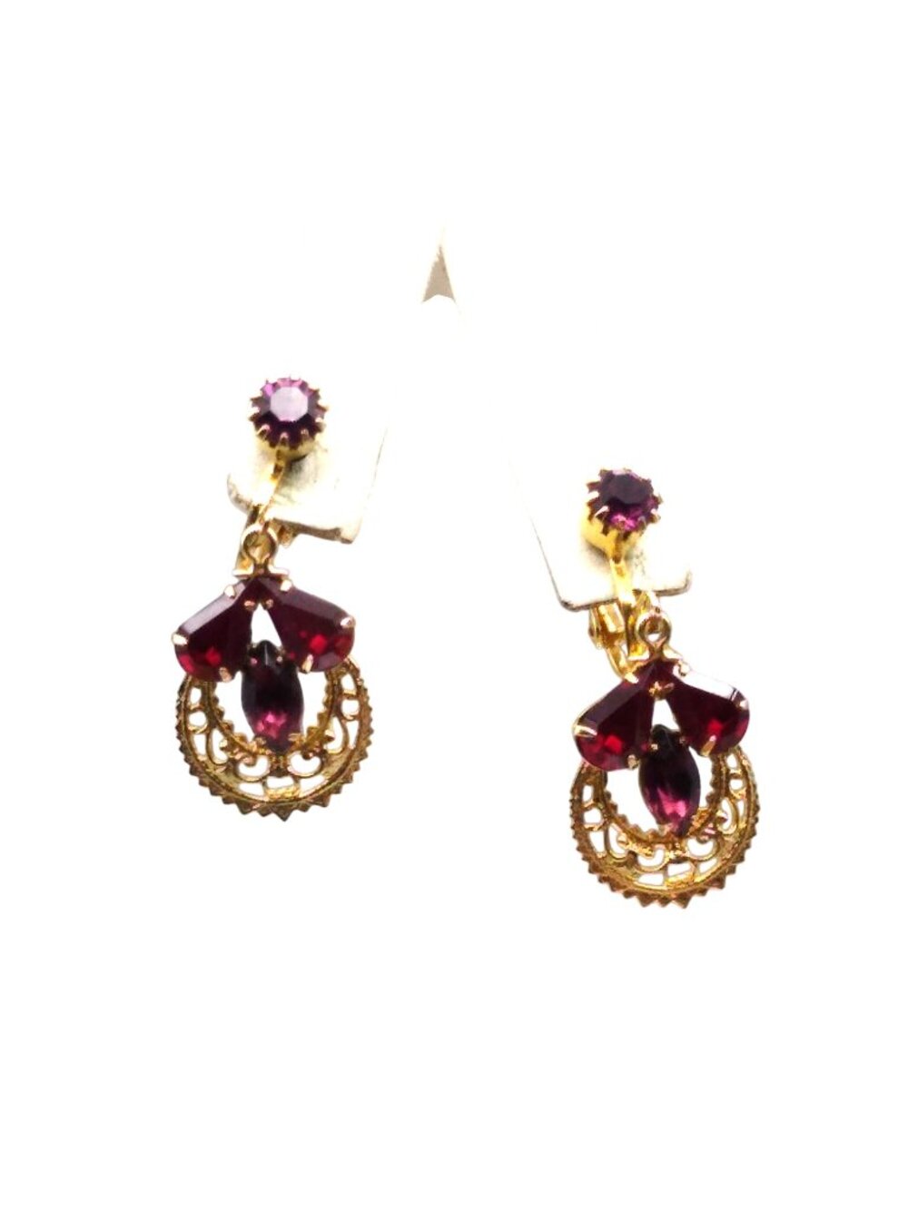 Vintage Filigree Dangle Earrings with Deep Red and Purple Teardrop Crystals